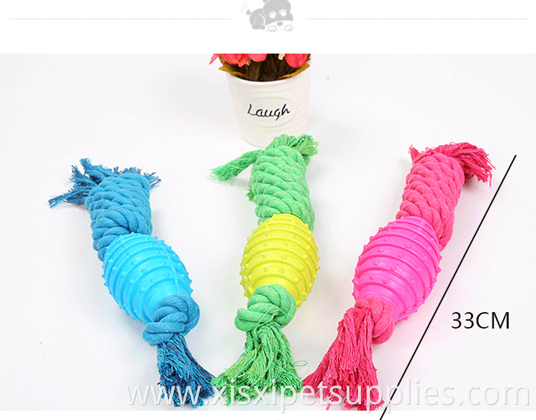 high quality candy color TPR rubber rugby ball with cotton knot rope bite resistance dog chew toy